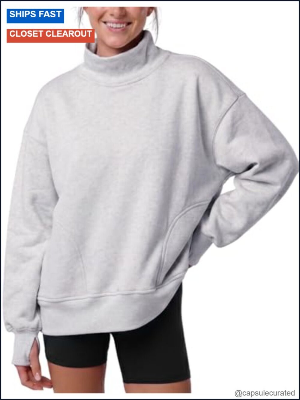 Oversized Mock Neck Sweatshirt with Pockets Fleece Lined Turtleneck